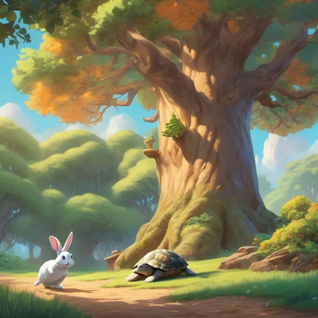 a rabbit hopping excitedly, and a turtle nodding in agreement near a grand oak tree