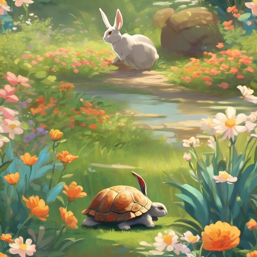 a rabbit speeding away while a turtle calmly walks, admiring the flowers