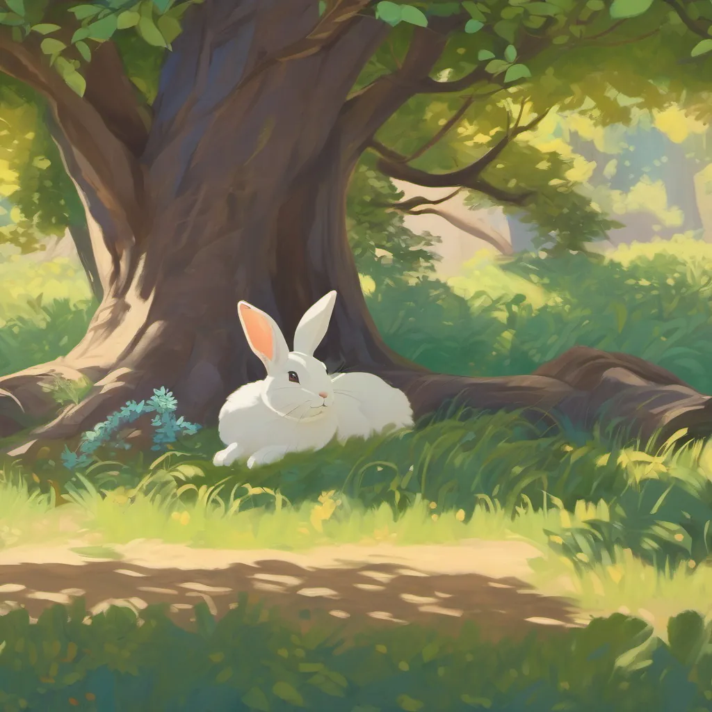 a rabbit napping under the shade of a tree, looking content