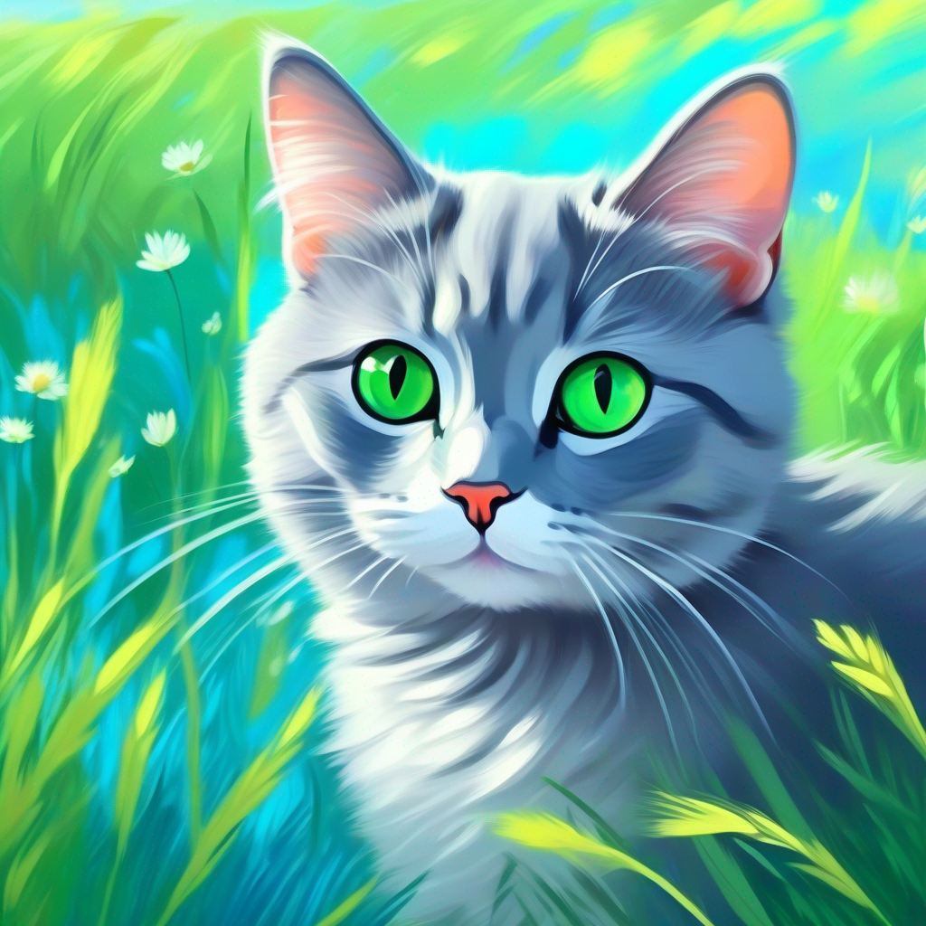 Little gray cat with green eyes and twitching whiskers the cat sitting in a meadow under a bright blue sky