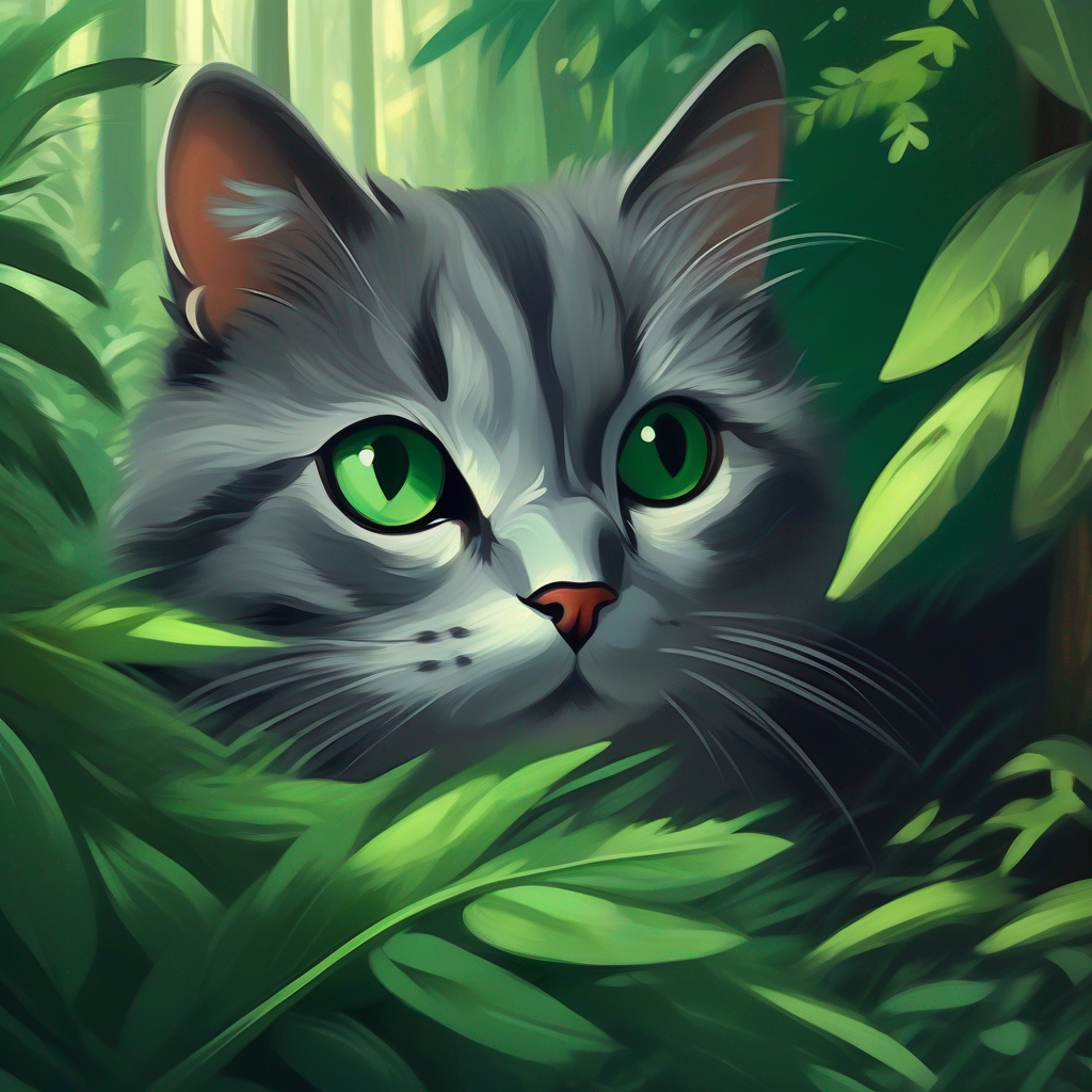 Little gray cat with green eyes and twitching whiskers cautiously peering into the dense forest