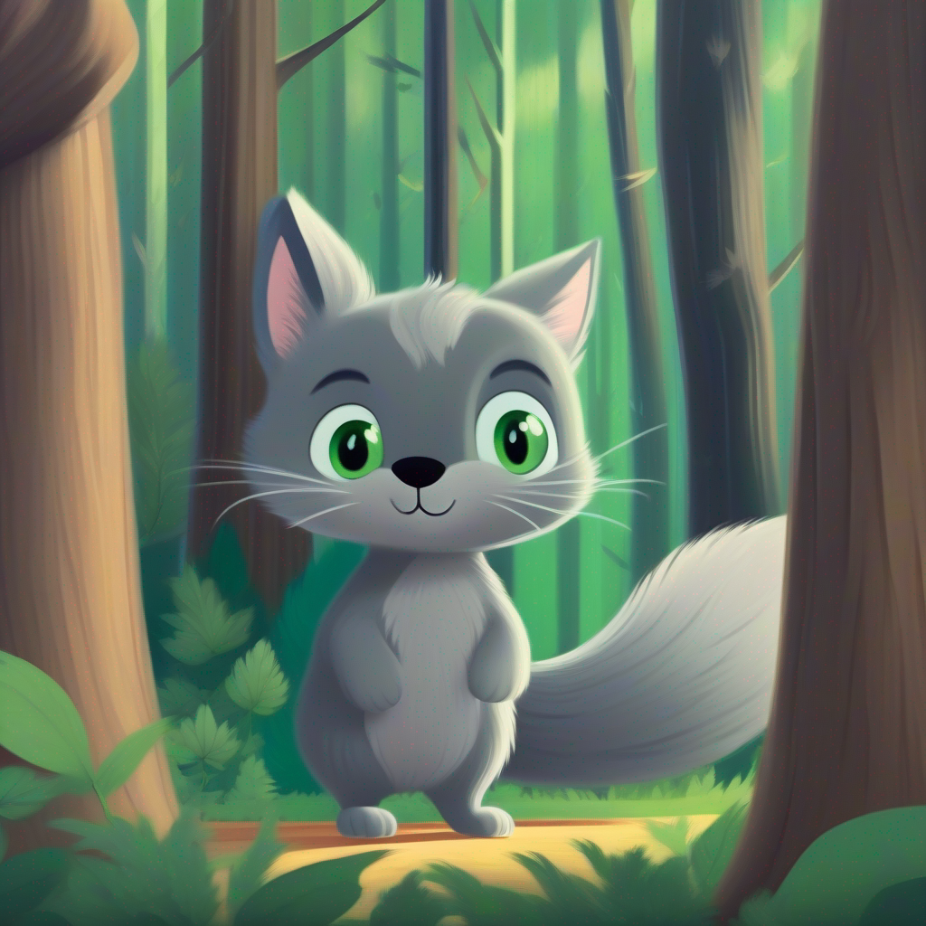 Little gray cat with green eyes and twitching whiskers and Fluffy squirrel with a trembling tail standing amidst a forest of tall trees