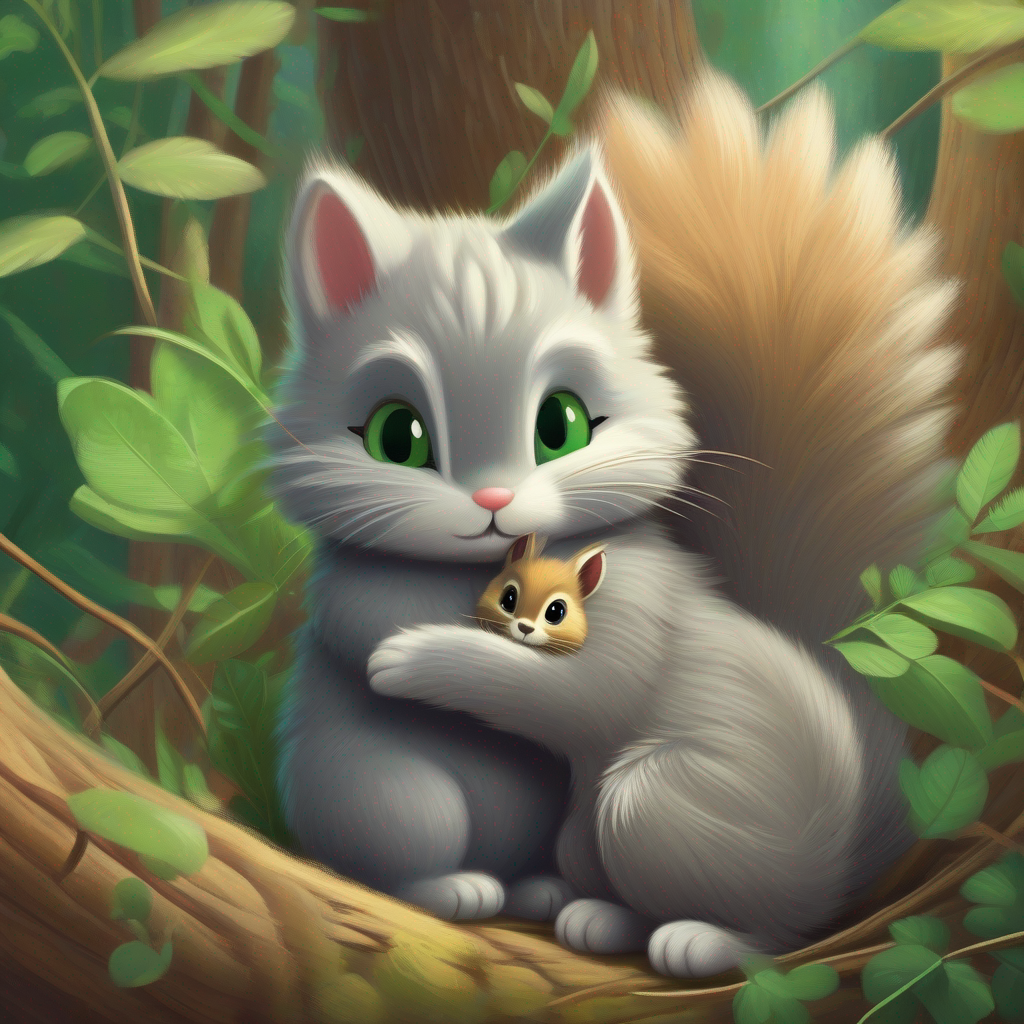 Little gray cat with green eyes and twitching whiskers and Fluffy squirrel with a trembling tail giving each other a tight hug near Nutmeg's nest