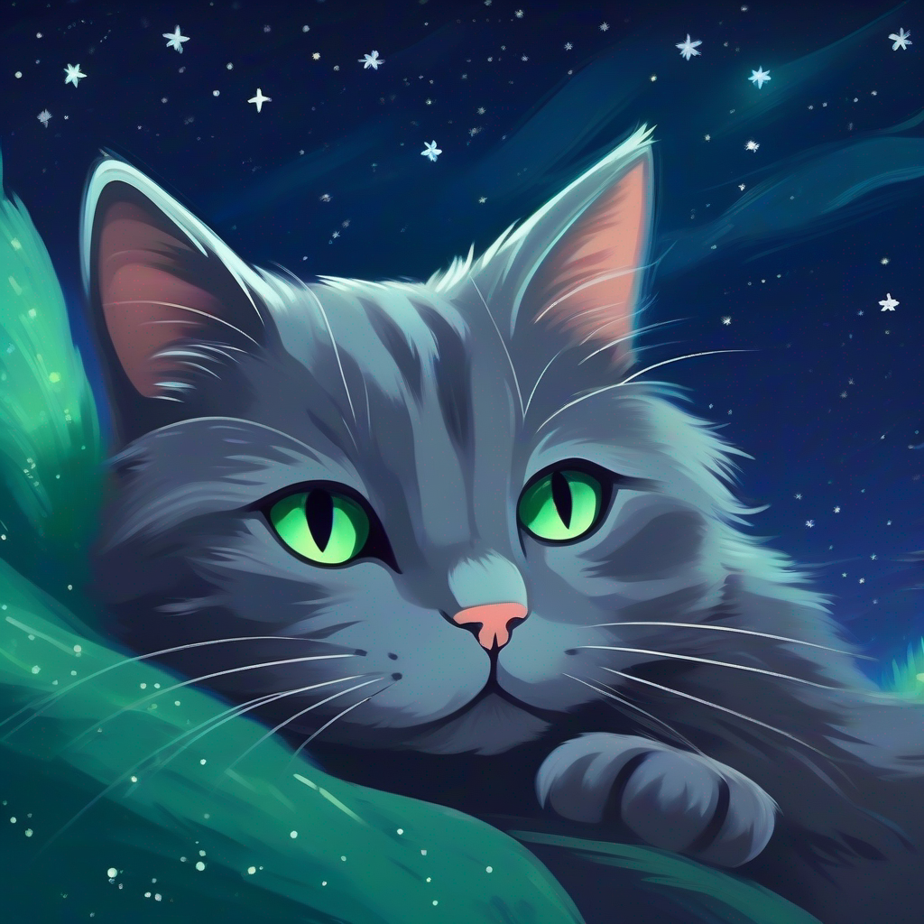 Little gray cat with green eyes and twitching whiskers peacefully dozing off under a starry night sky