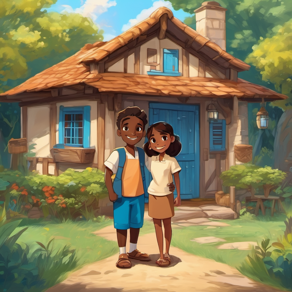 Mummy has fair skin and beautiful blue eyes and Daddy has dark skin and kind brown eyes, standing in front of their cozy little house, smiling happily