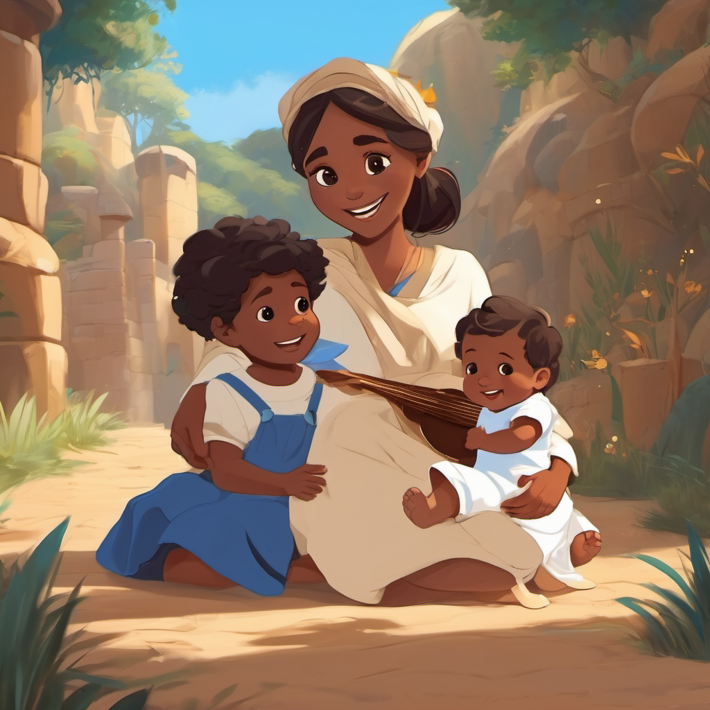 Mummy has fair skin and beautiful blue eyes, Daddy has dark skin and kind brown eyes, and baby happily playing, telling stories, singing songs, and going on adventures