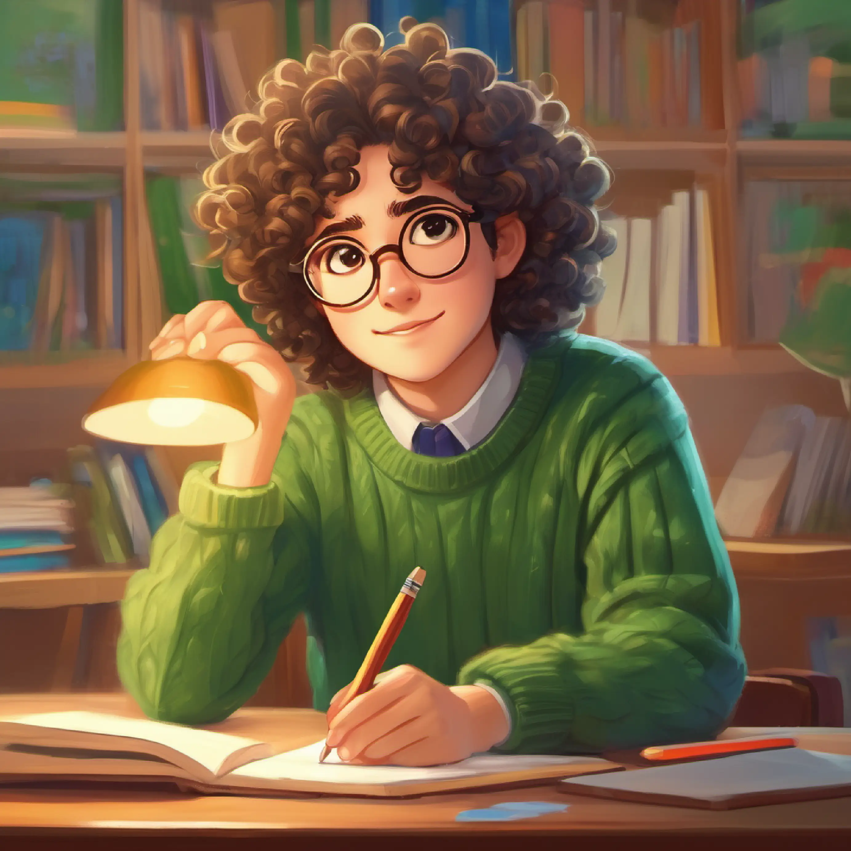 Curly hair, glasses, kind expression, green sweater helps calm the classroom