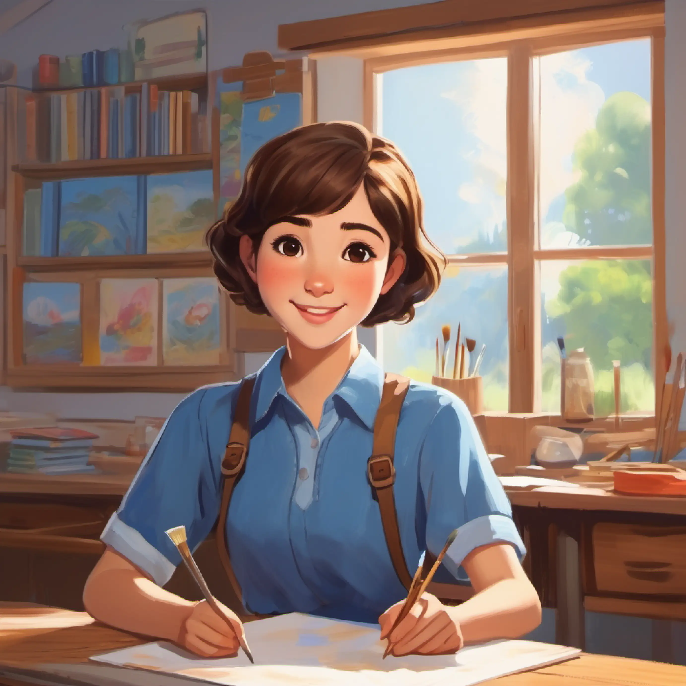 Short brown hair, brown eyes, wearing a blue shirt happily painting a quiet classroom