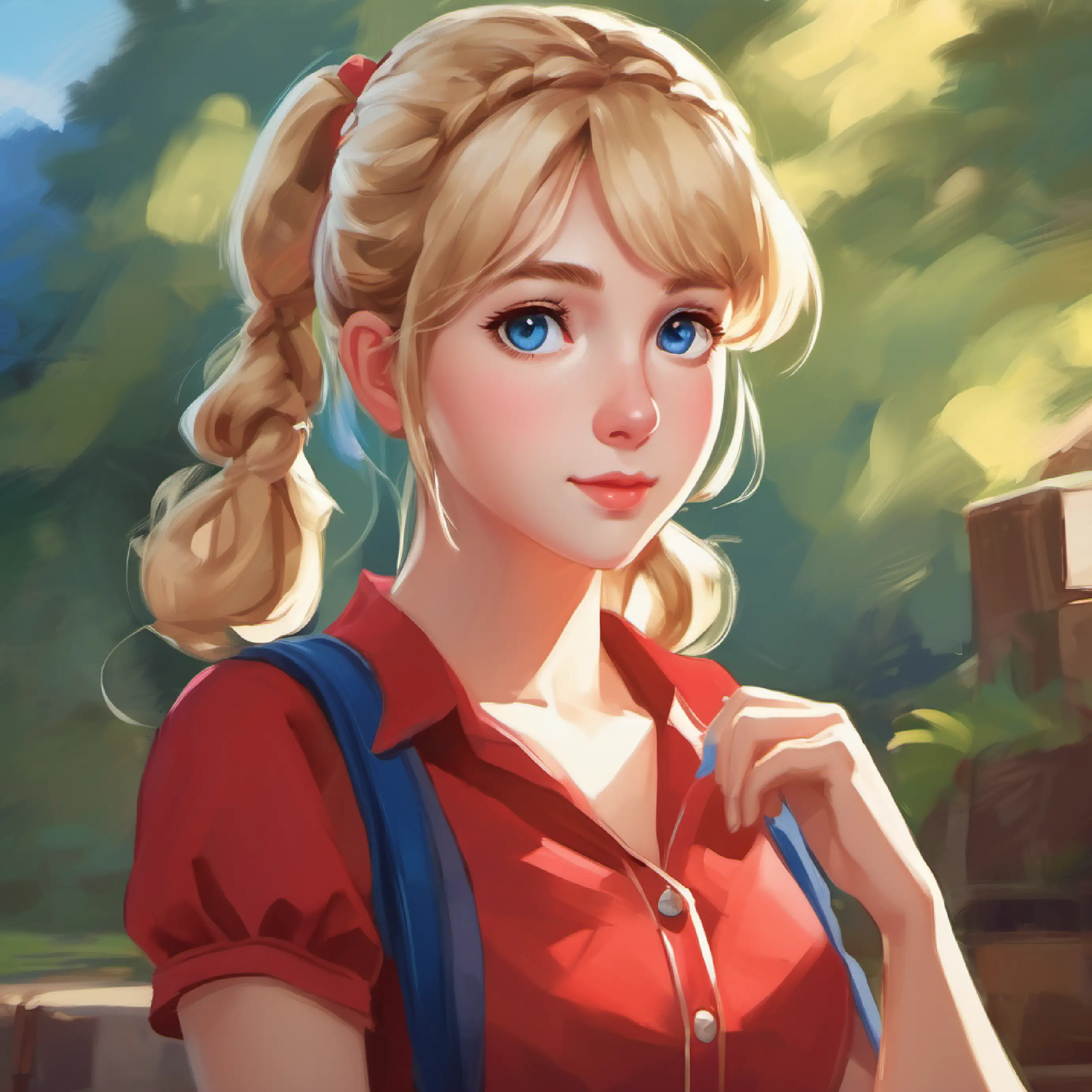 Classmate Blonde pigtails, blue eyes, red dress shows interest in Short brown hair, brown eyes, wearing a blue shirt's painting