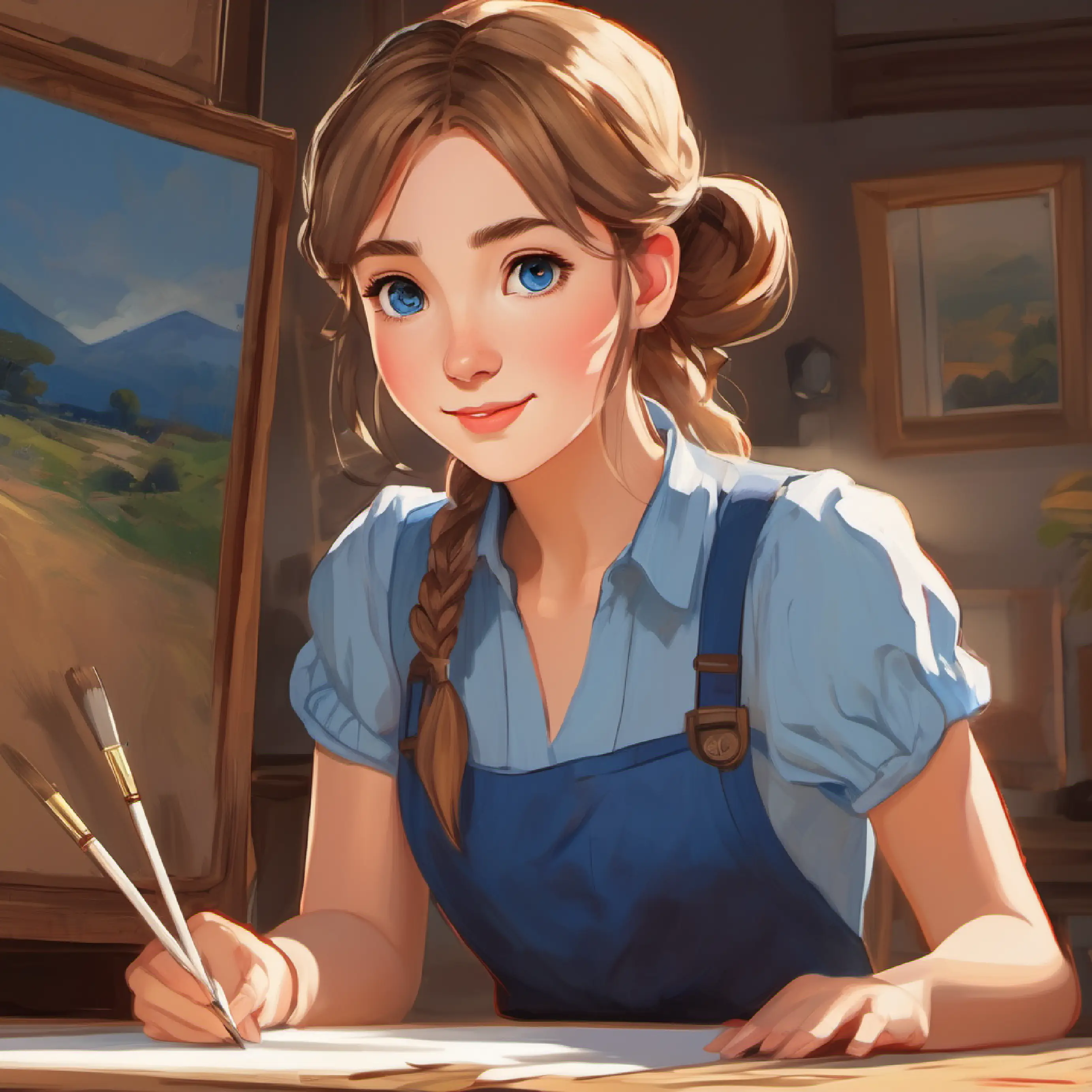 Short brown hair, brown eyes, wearing a blue shirt and Blonde pigtails, blue eyes, red dress collaborate on a painting