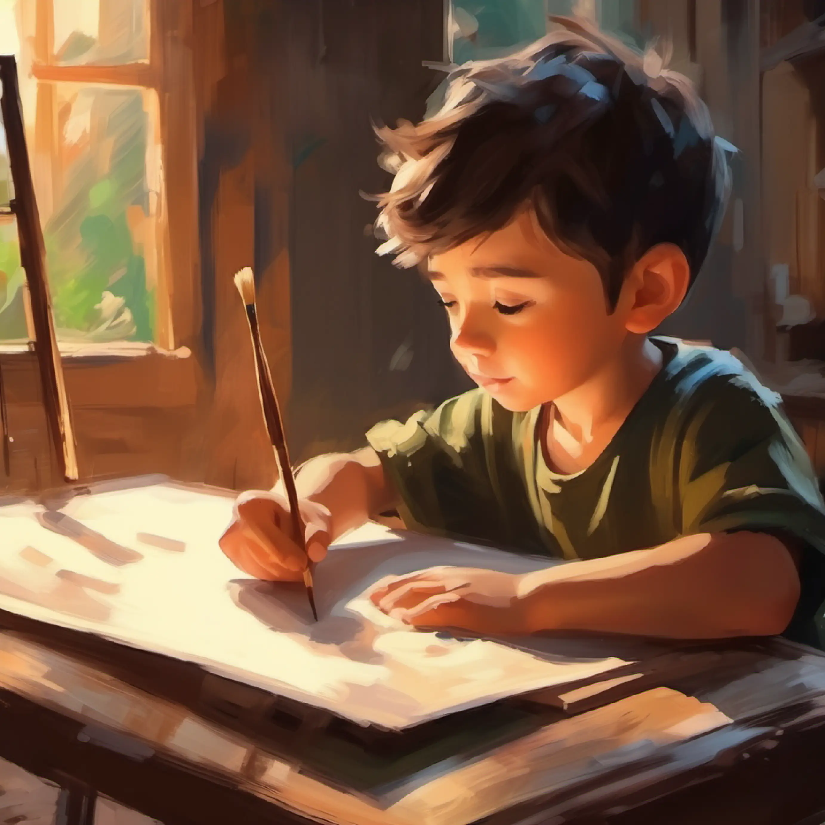 boy painting with brush on paper