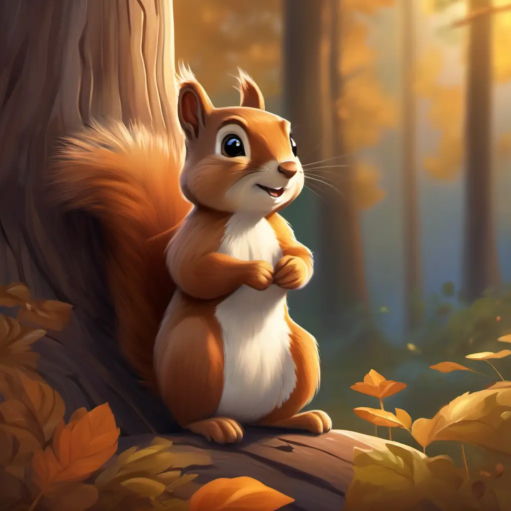 Location: Hollow tree, Characters: Friendly squirrel with soft brown fur, bright-eyed and playful the squirrel, Mood: Curious