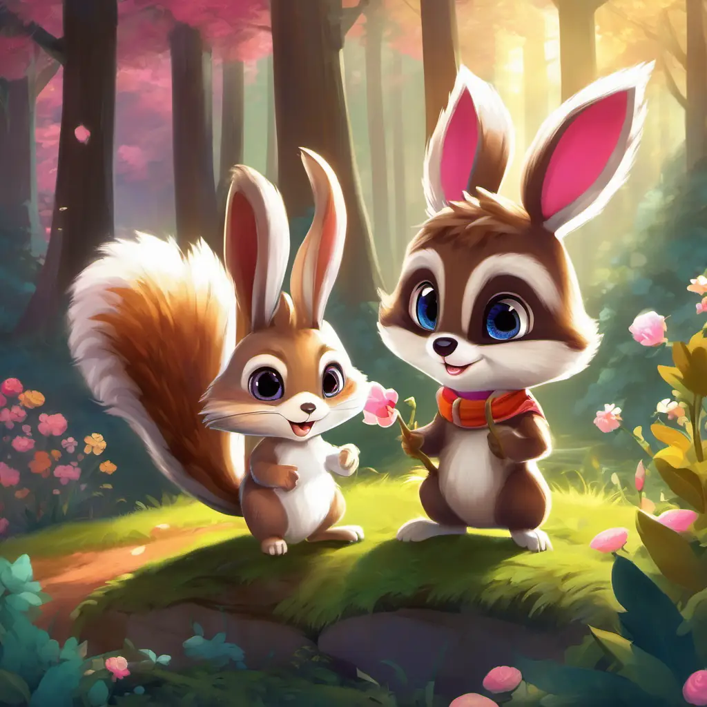 Location: Dream world, Characters: Friendly squirrel with soft brown fur, bright-eyed and playful, Fuzzy white bunny with twinkling pink eyes and a bouncy hop, Sly raccoon with a mischievous glint in its masked eyes, Mood: Exciting