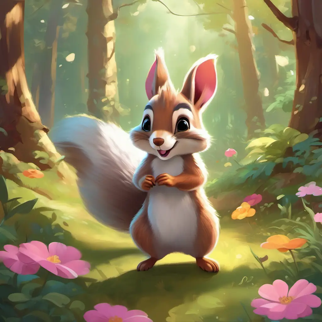 Activities: Dancing, singing, leaping, Characters: Friendly squirrel with soft brown fur, bright-eyed and playful, Fuzzy white bunny with twinkling pink eyes and a bouncy hop, Sly raccoon with a mischievous glint in its masked eyes, Mood: Joyful