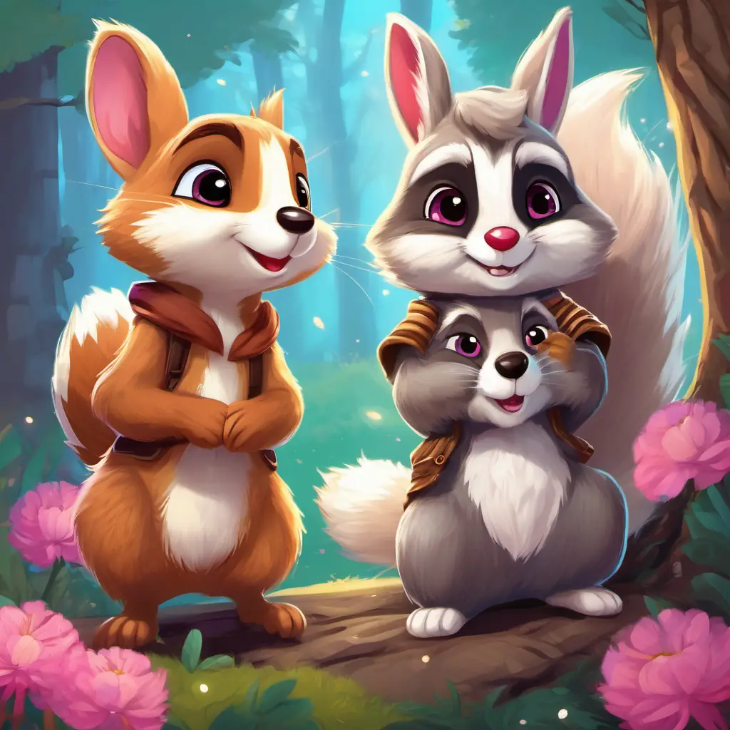 Characters: Friendly squirrel with soft brown fur, bright-eyed and playful, Fuzzy white bunny with twinkling pink eyes and a bouncy hop, Sly raccoon with a mischievous glint in its masked eyes, Mood: Grateful