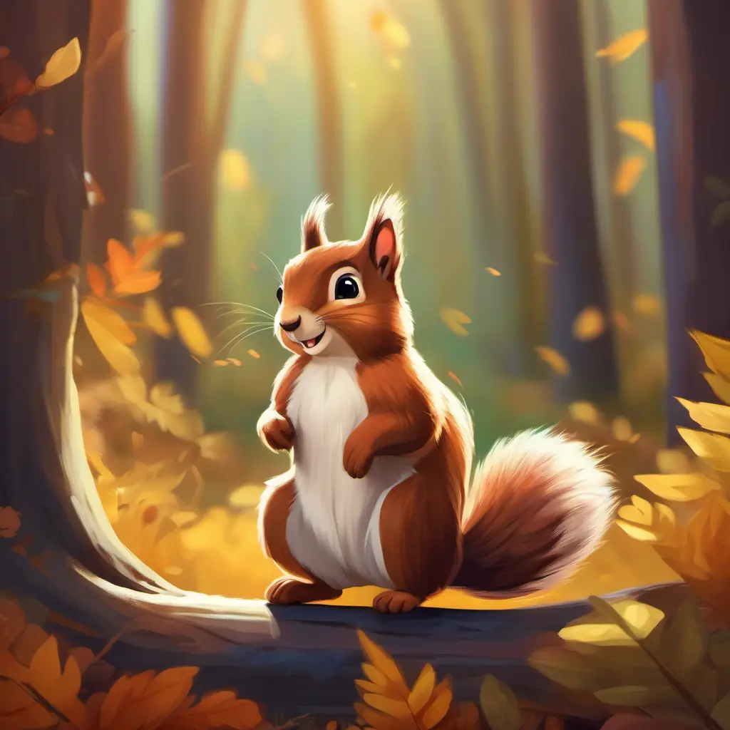 Characters: Friendly squirrel with soft brown fur, bright-eyed and playful, Mood: Happy, Setting: Cozy forest
