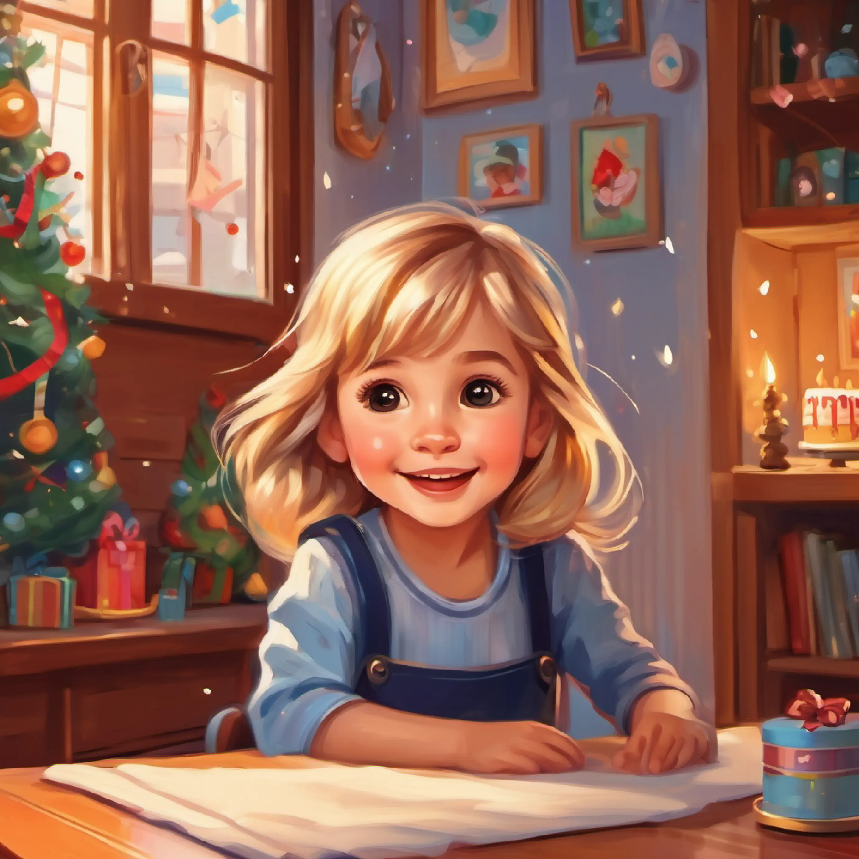 Little girl, fair skin, brown eyes, blond hair, happy expression in her room, morning of birthday, excited.