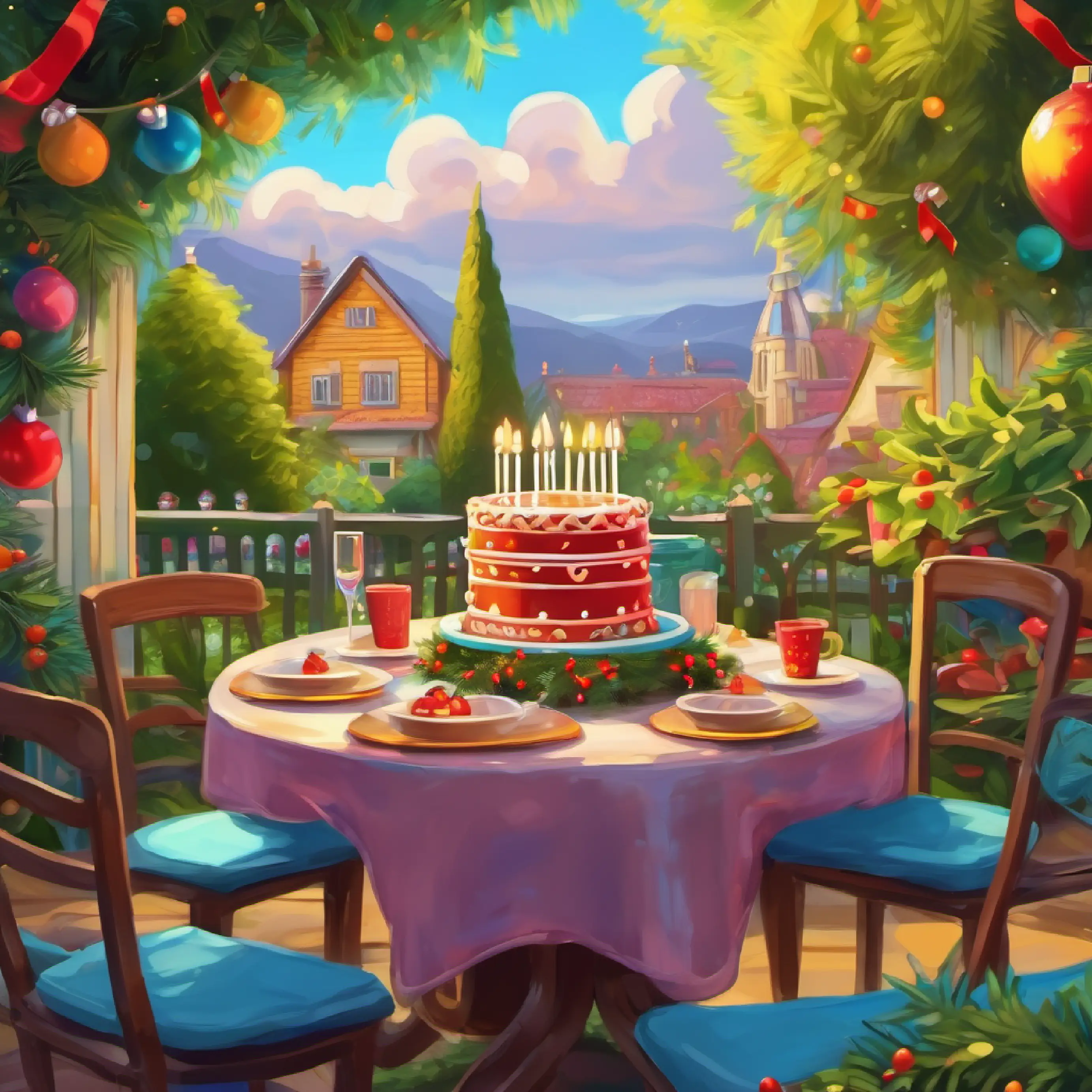 Decorated garden, table with a birthday cake.