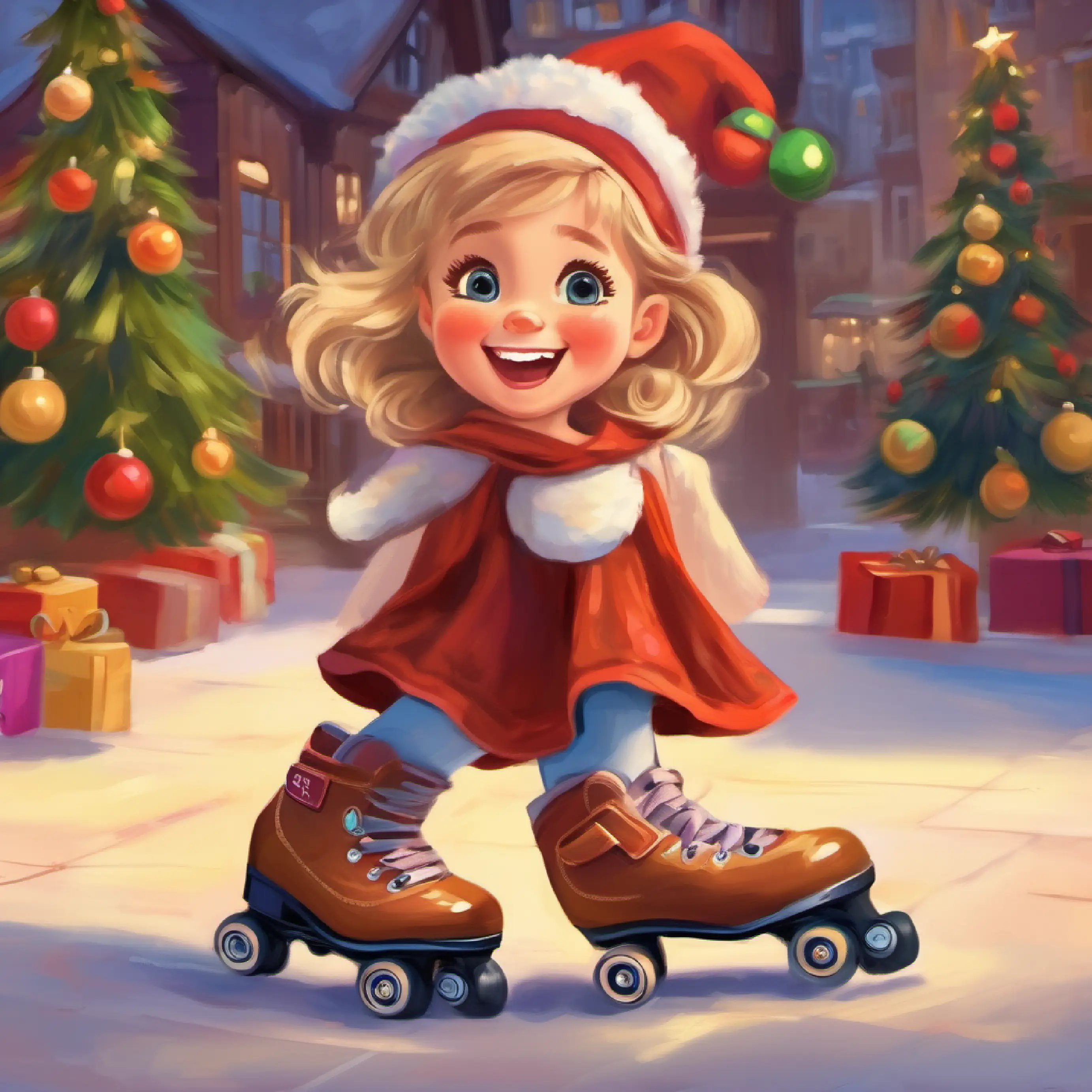 Little girl, fair skin, brown eyes, blond hair, happy expression trying on roller skates, laughing.