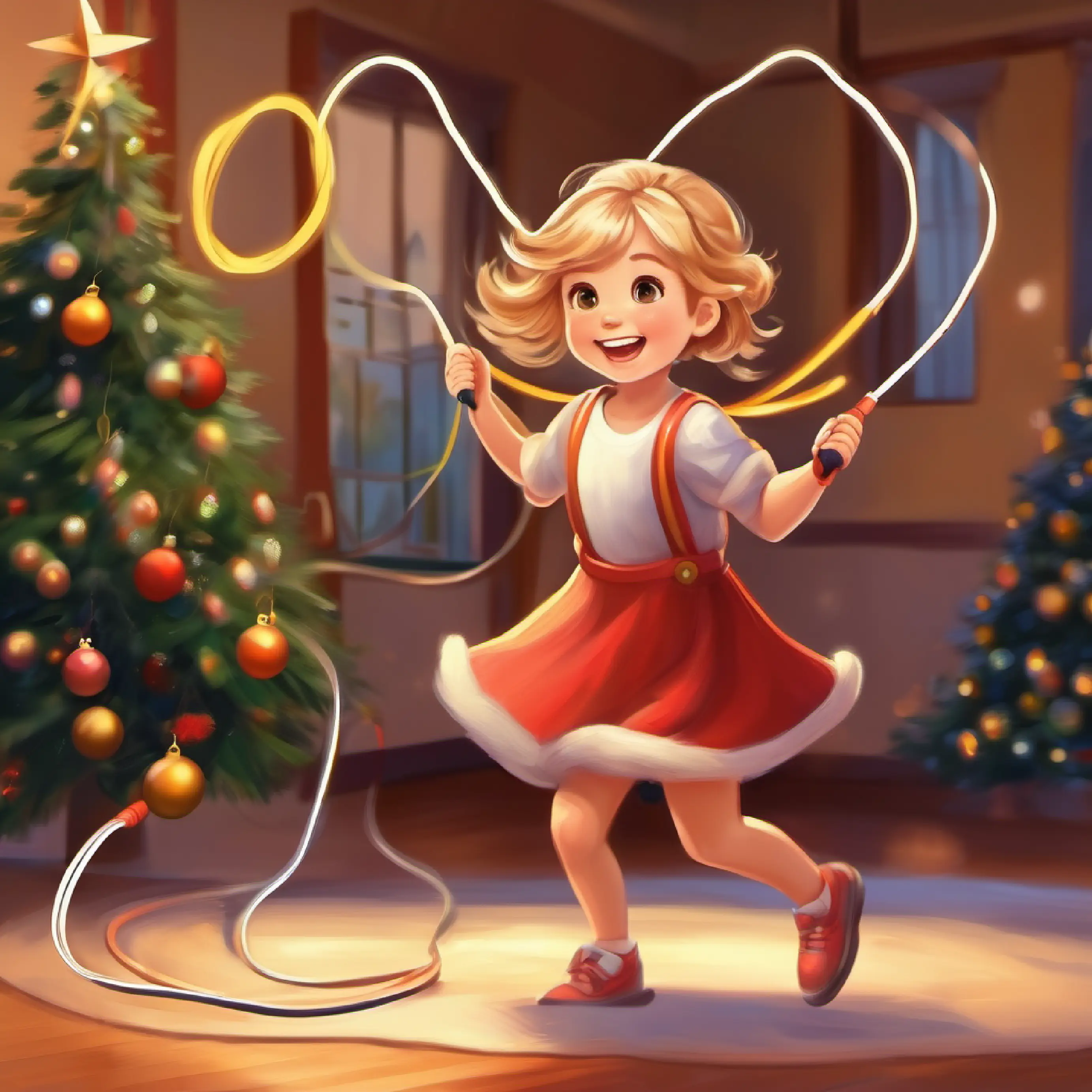 Little girl, fair skin, brown eyes, blond hair, happy expression playing with a jump rope, having fun.
