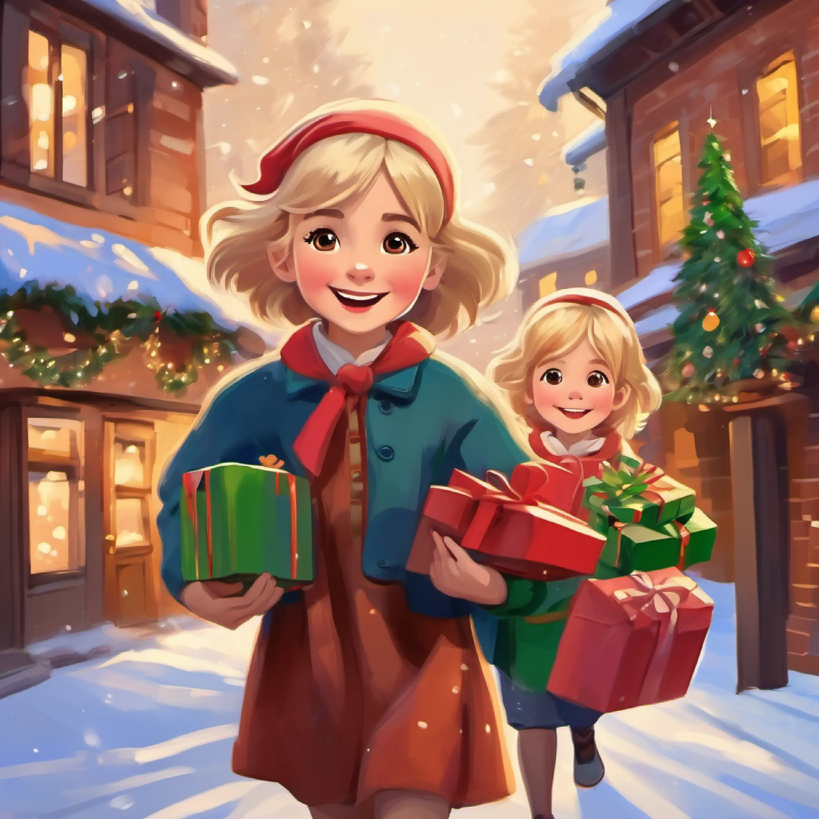 Friends arriving, carrying presents for Little girl, fair skin, brown eyes, blond hair, happy expression.