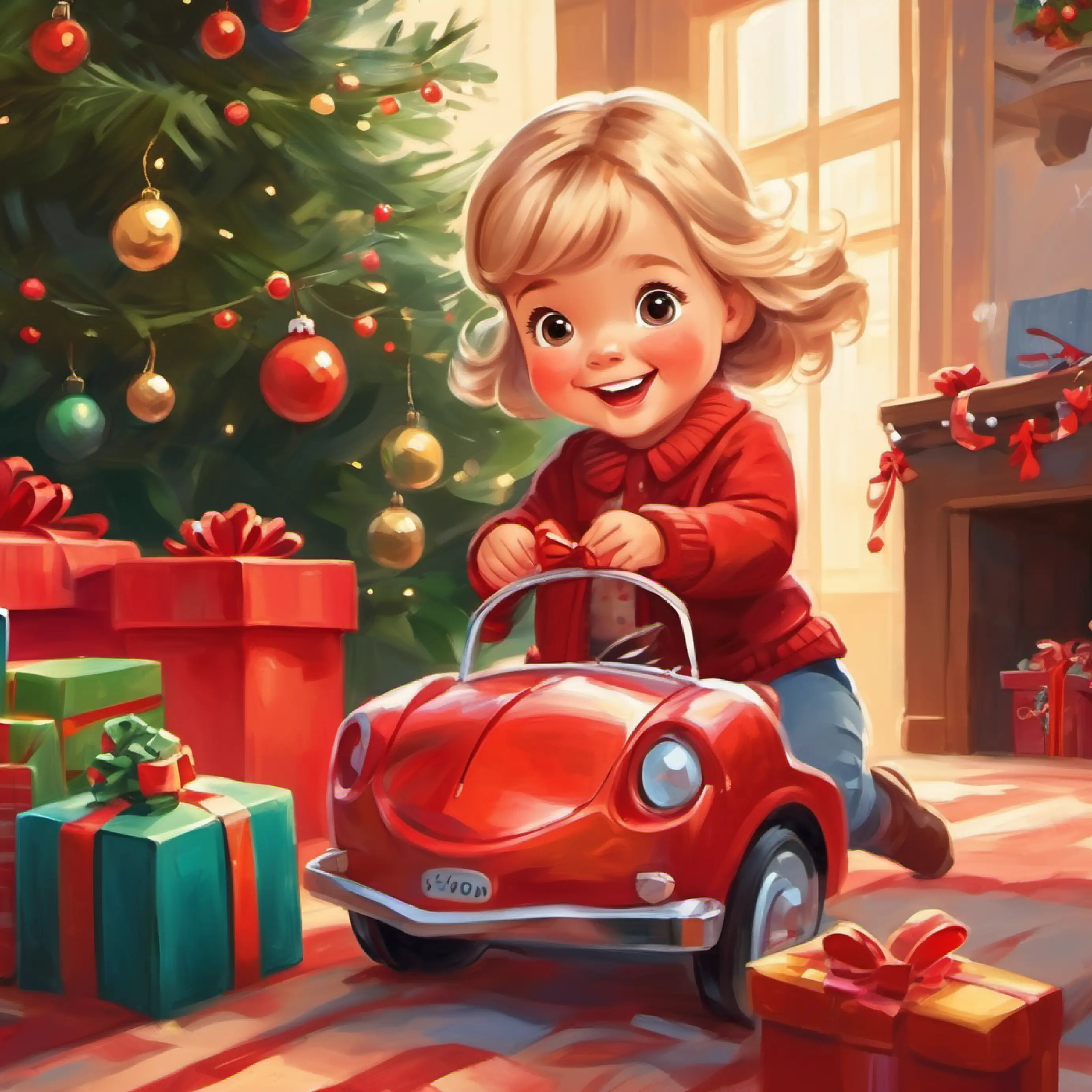 Little girl, fair skin, brown eyes, blond hair, happy expression opening a present, a small red toy car.