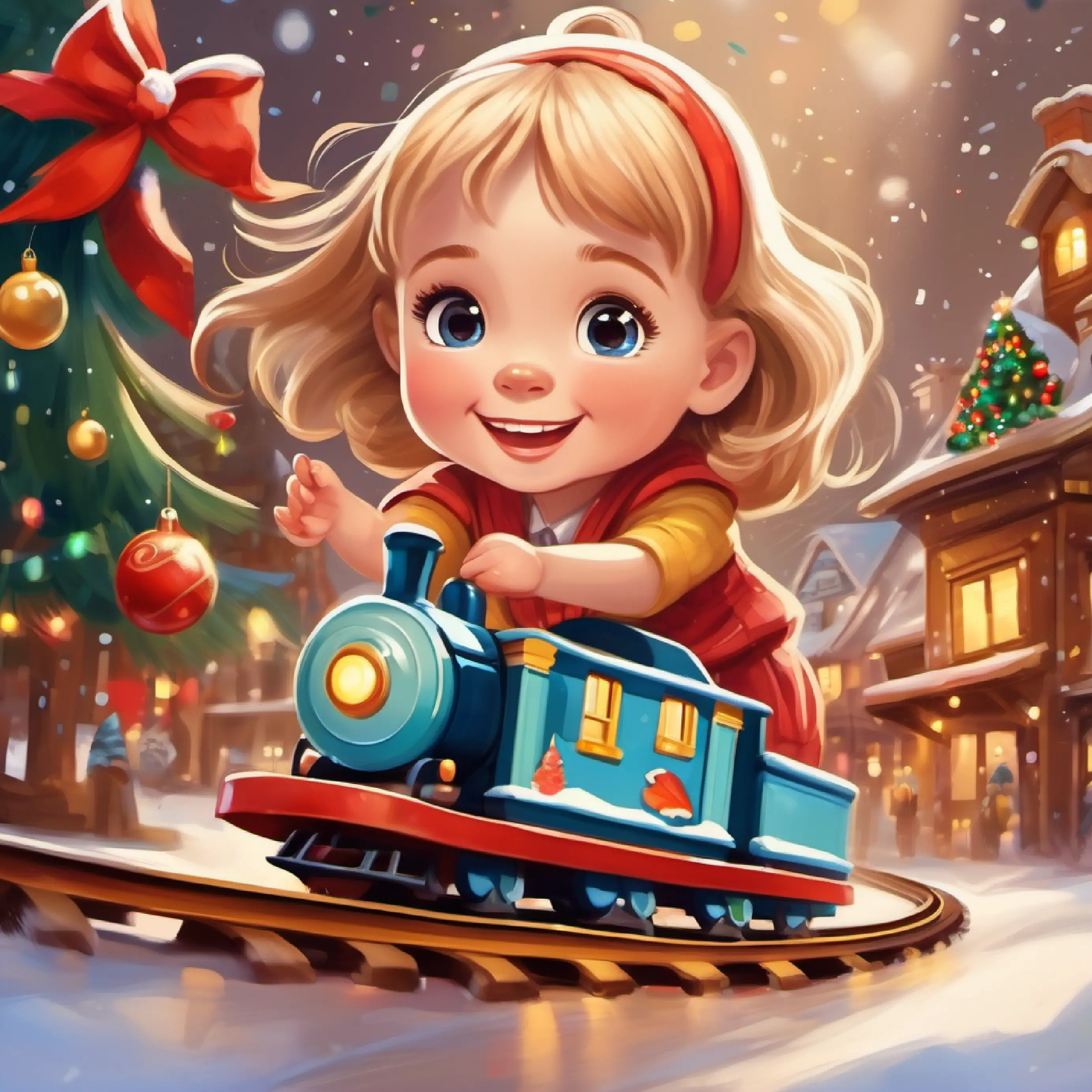 Little girl, fair skin, brown eyes, blond hair, happy expression with a toy train, happy, playing.