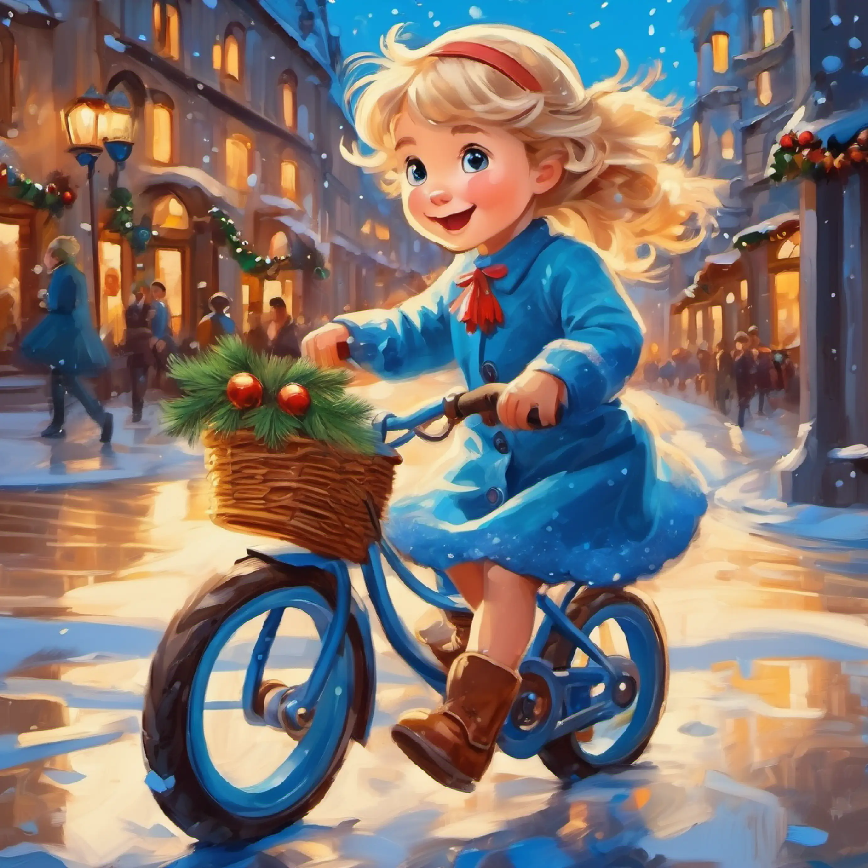 Little girl, fair skin, brown eyes, blond hair, happy expression receives a big blue bicycle, amazed.
