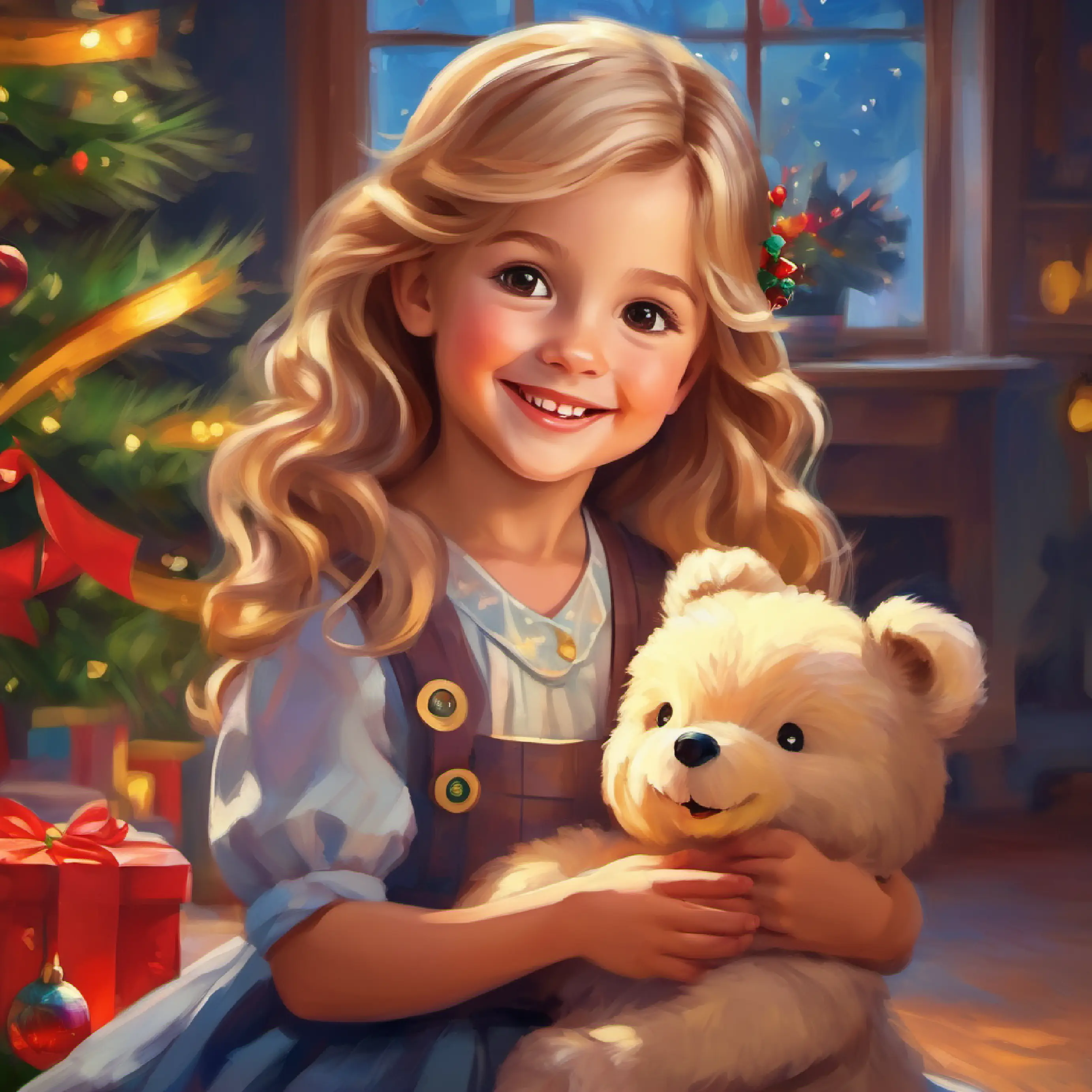 Little girl, fair skin, brown eyes, blond hair, happy expression holding a new doll, smiling.