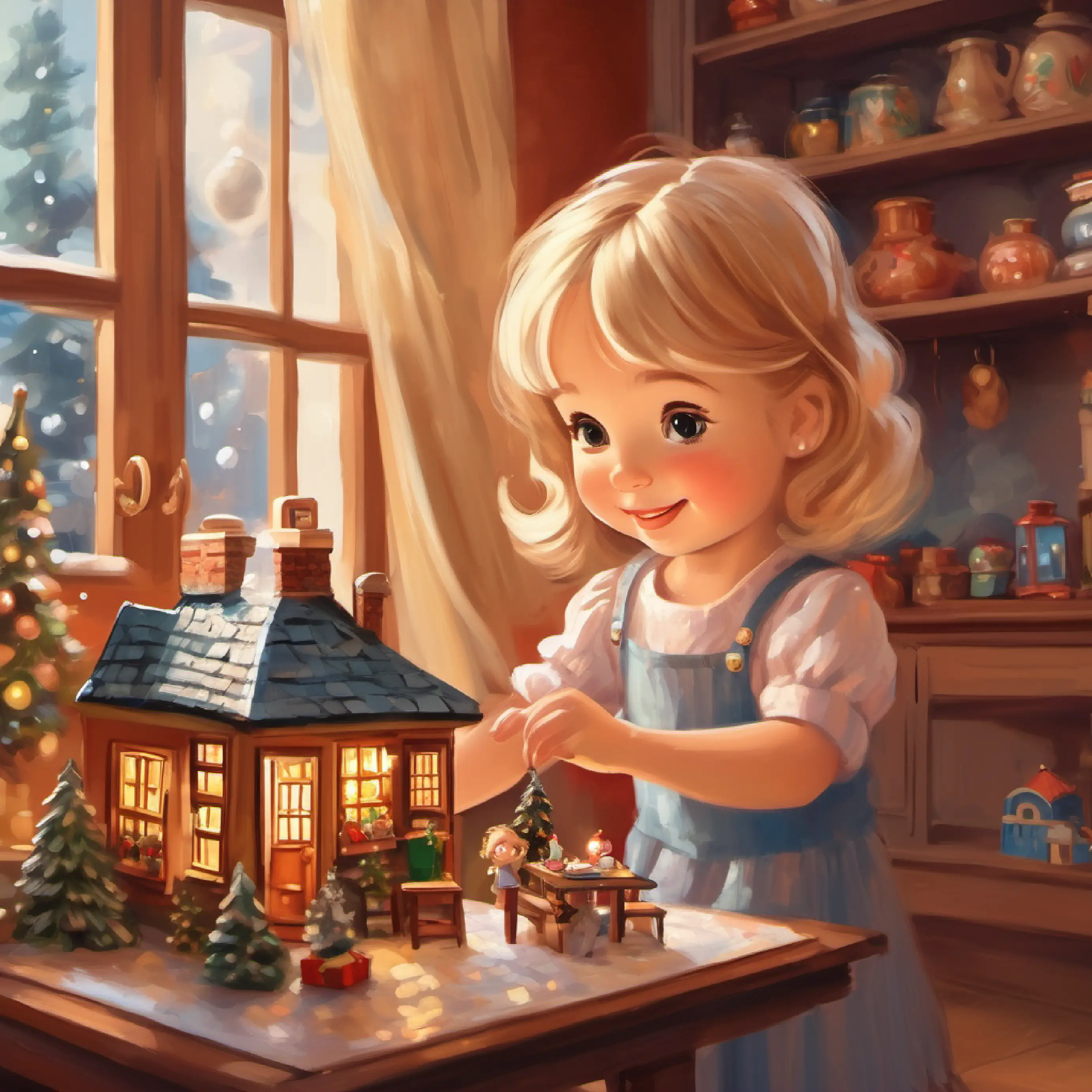 Little girl, fair skin, brown eyes, blond hair, happy expression playing with dollhouse, putting the doll inside.