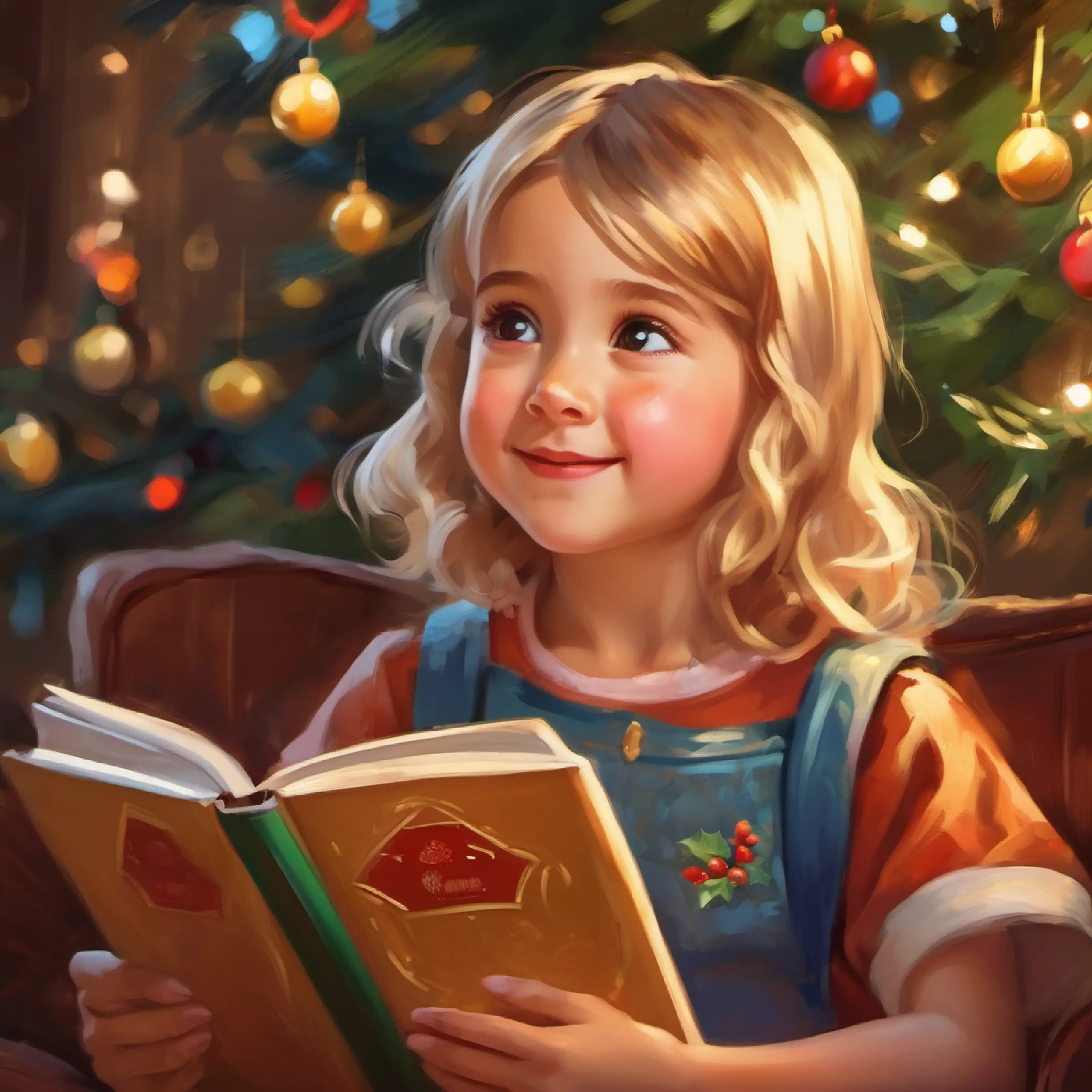 Little girl, fair skin, brown eyes, blond hair, happy expression gets a book, looks interested.