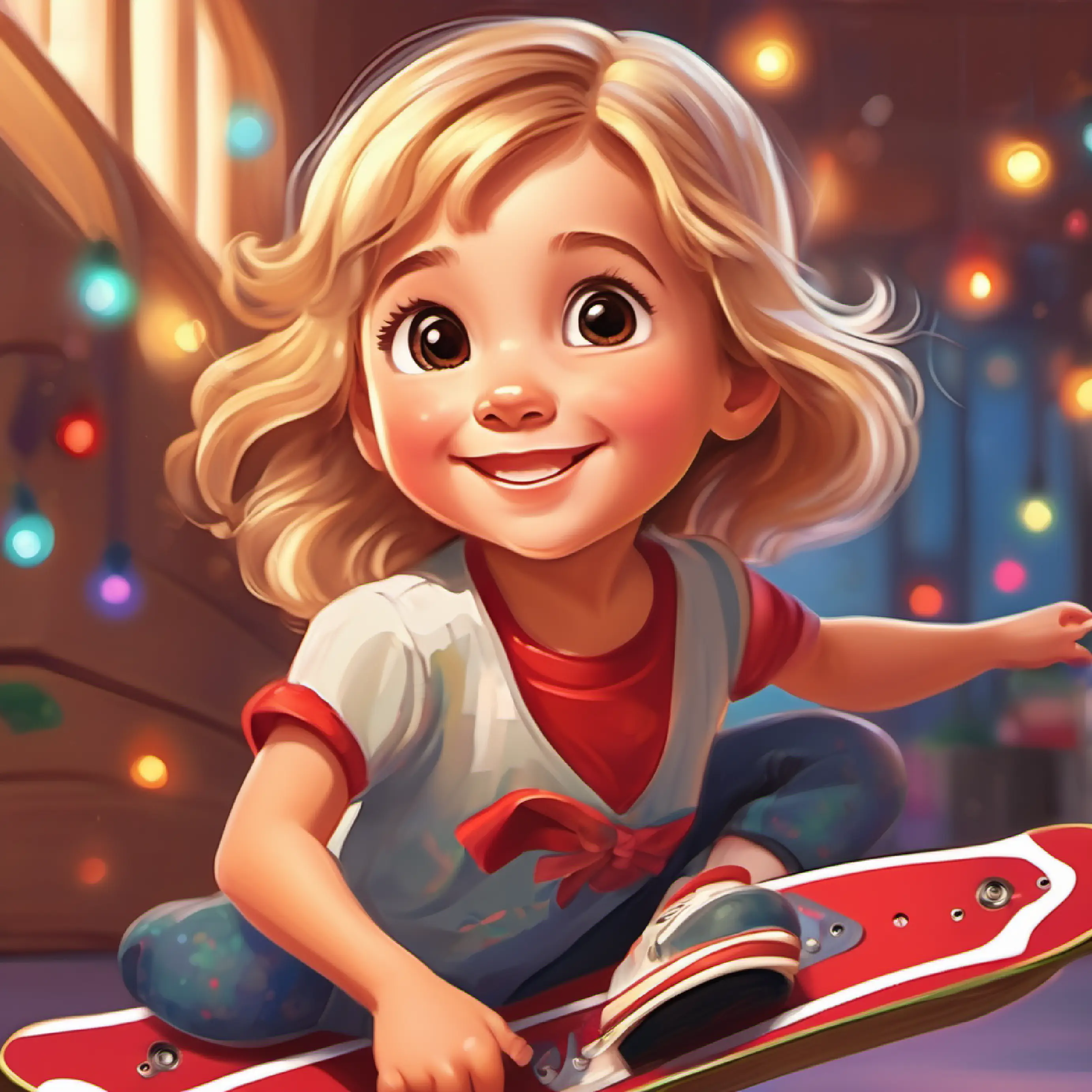 Little girl, fair skin, brown eyes, blond hair, happy expression with a new skateboard, surprised.