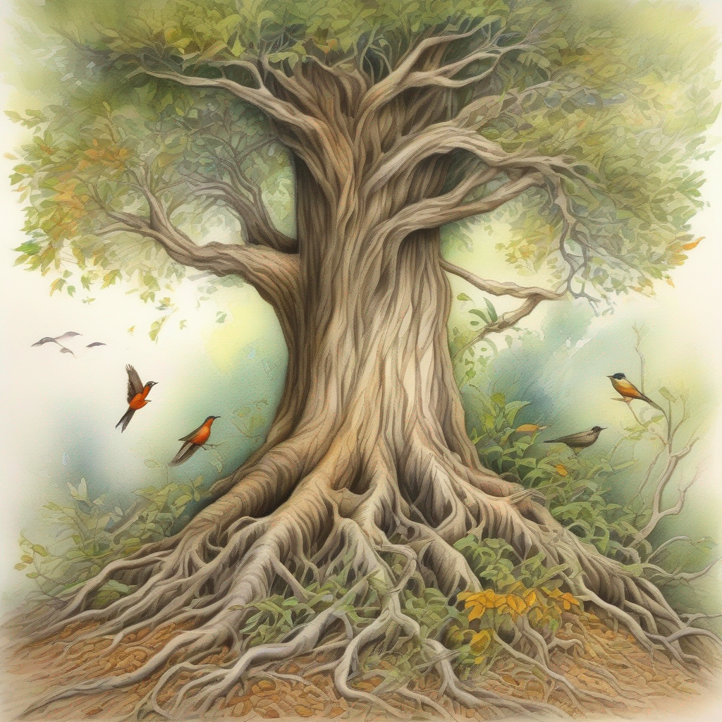 Seed becomes a beautiful Majestic tree with tall branches and deep-reaching roots. with shade and birds' nests.