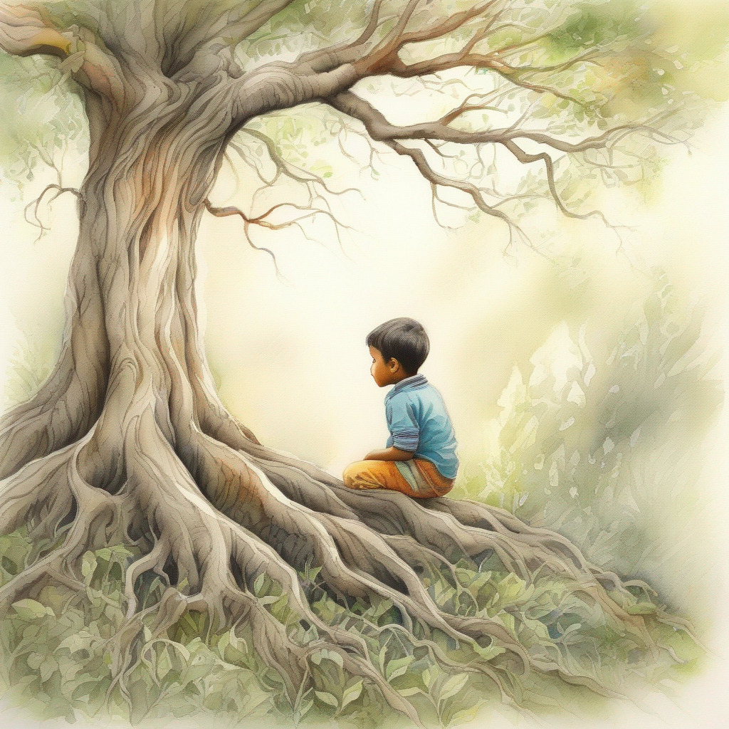 Child learns the lesson of determination from the Majestic tree with tall branches and deep-reaching roots..