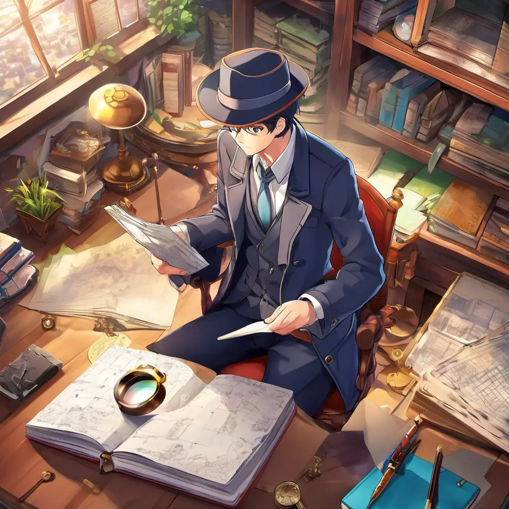 A clever detective with a magnifying glass and a notebook receiving a letter in the Math Kingdom