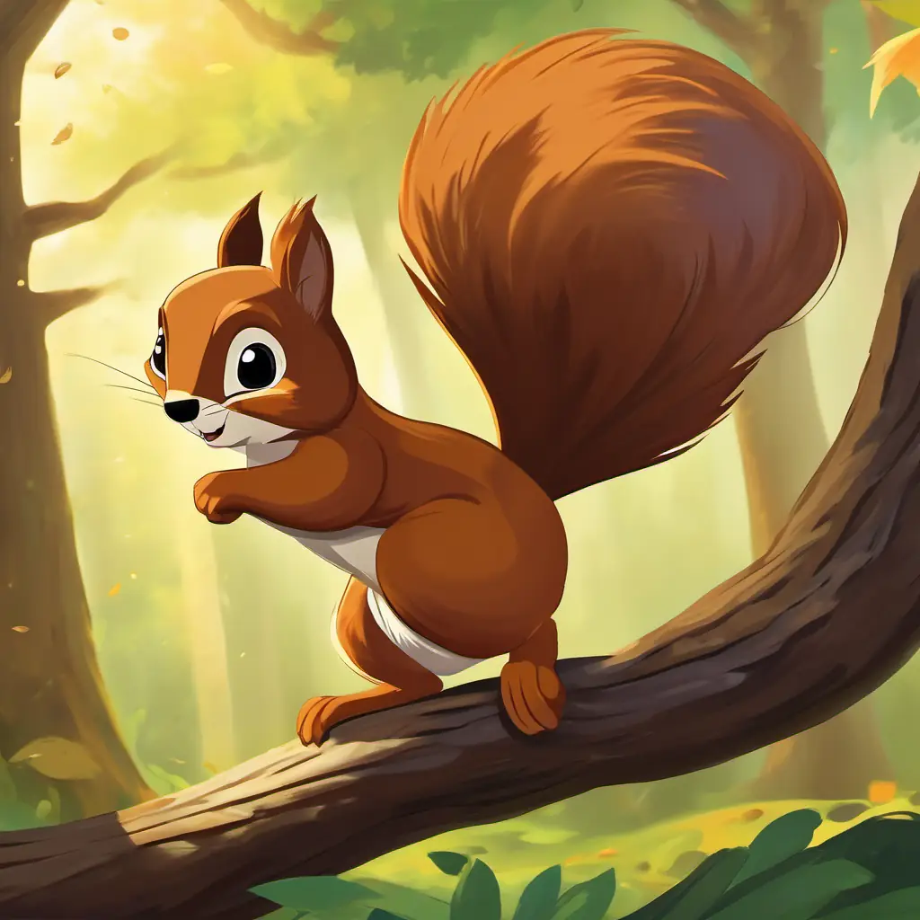Sammy the squirrel with brown fur and a fluffy tail the squirrel with brown fur and a fluffy tail, jumping from tree to tree in a big forest