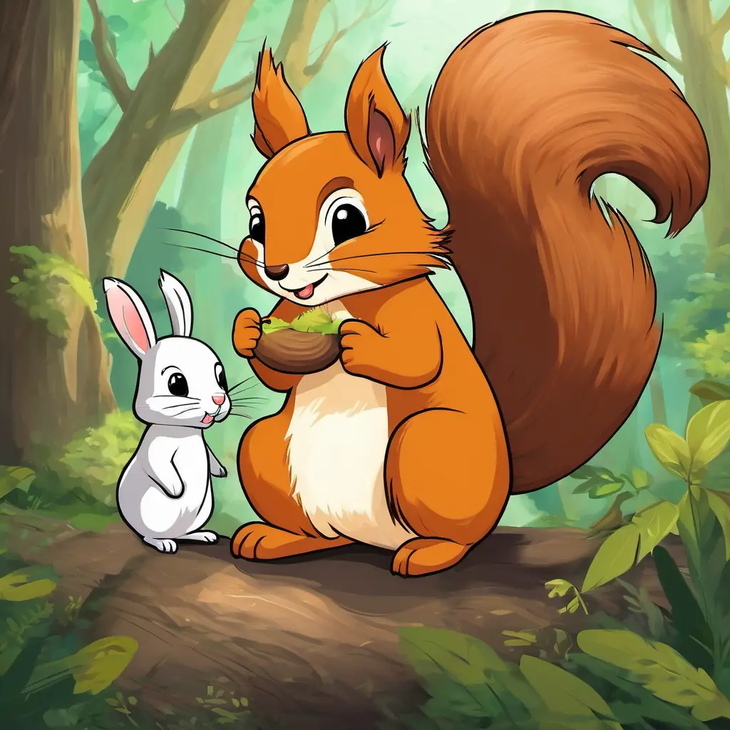 Sammy the squirrel with brown fur and a fluffy tail the squirrel meeting Benny the Bunny with long ears and a twitchy nose the Bunny with long ears and a twitchy nose in the forest