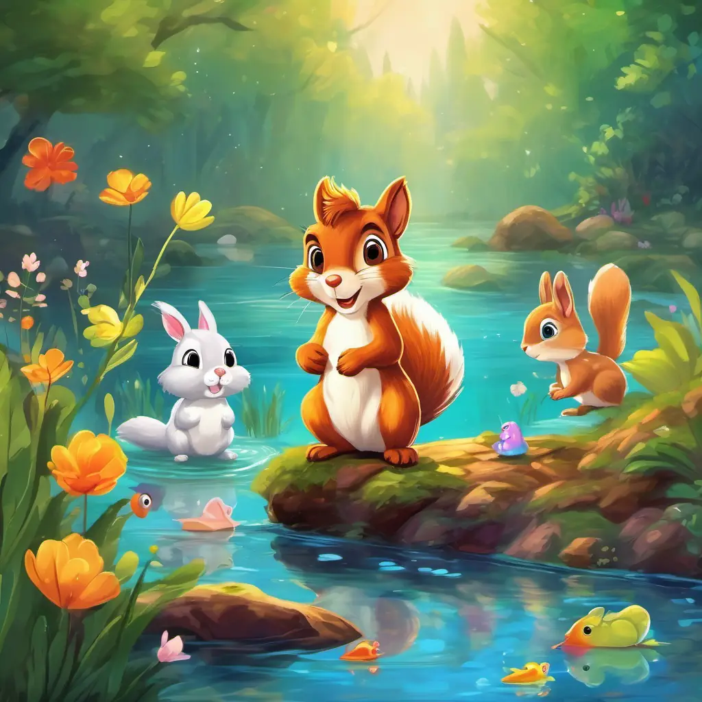 Sammy the squirrel with brown fur and a fluffy tail the squirrel and Benny the Bunny with long ears and a twitchy nose the Bunny watching colorful fish and ducks in a sparkling river
