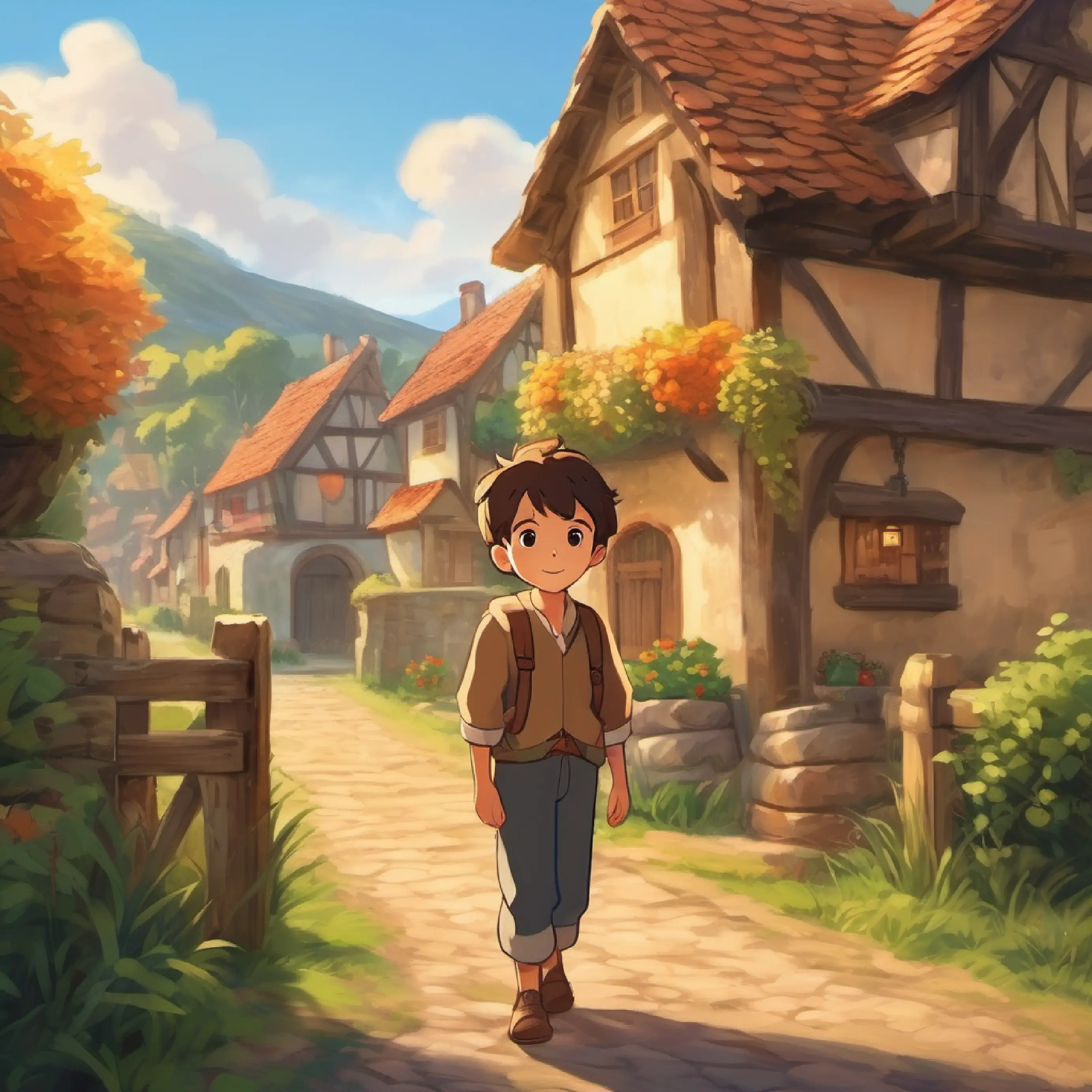 Introducing the main character, Young boy with warm brown eyes and a big heart, and the setting in the village.