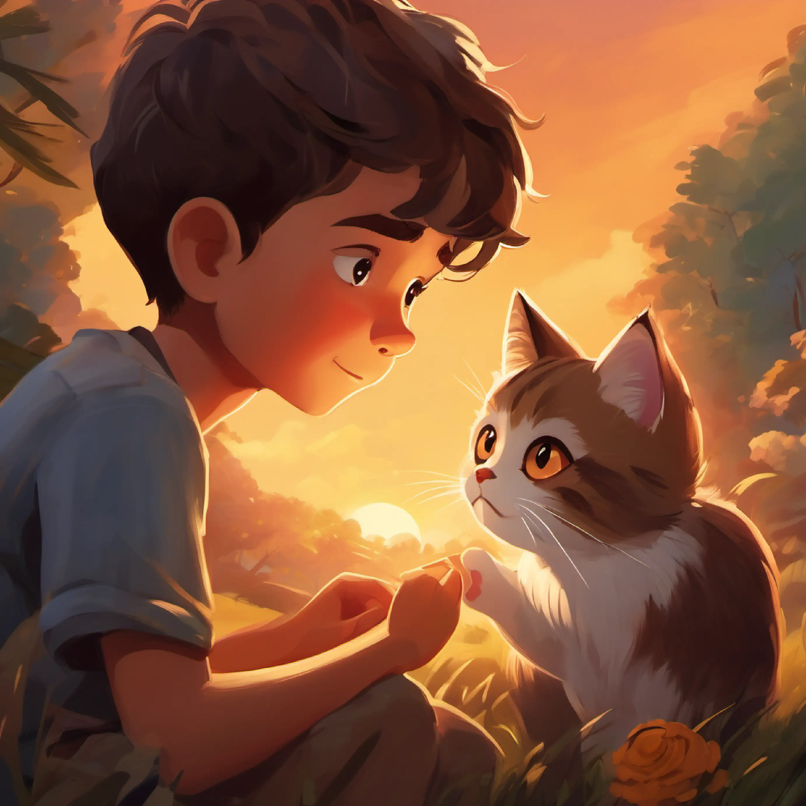 Young boy with warm brown eyes and a big heart's encounter with a lost kitten and his act of kindness.